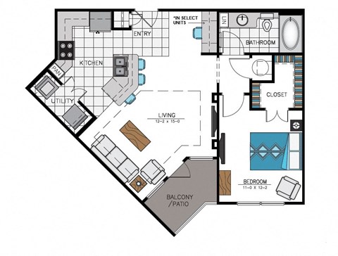 Floor plan for 1 bed, 1 bath, 769 sqft